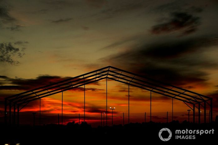Empty grandstands at sunset