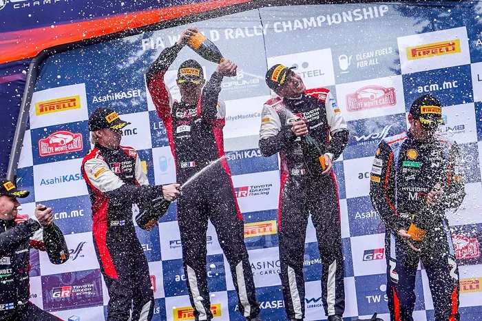 Podio: ganadores Sébastien Ogier, Vincent Landais, Toyota Gazoo Racing WRT Toyota GR Yaris Rally1, segundo puesto Kalle Rovanperä, Jonne Halttunen, Toyota Gazoo Racing WRT Toyota GR Yaris Rally1, tercer puesto Kalle Rovanperä, Jonne Halttunen, Toyota Gazoo Racing WRT Toyota GR Yaris Rally1.