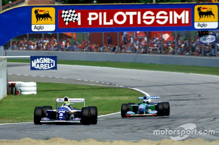 Ayrton Senna, Williams FW16, lidera a Michael Schumacher, Benetton B194