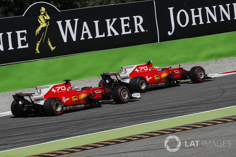 Sebastian Vettel, Ferrari SF70H and Kimi Raikkonen, Ferrari SF70H battle