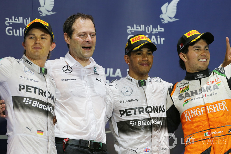 Podium: Nico Rosberg, Mercedes AMG F1, Aldo Costa, Mercedes AMG F1, Race winner Lewis Hamilton, Mercedes AMG F1, third place and Sergio Perez, Force India 