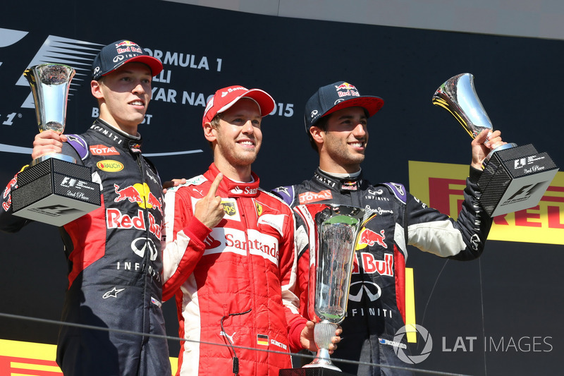 Podium: second place Daniil Kvyat, Red Bull Racing, race winner Sebastian Vettel, Ferrari, third place Daniel Ricciardo, Red Bull Racing