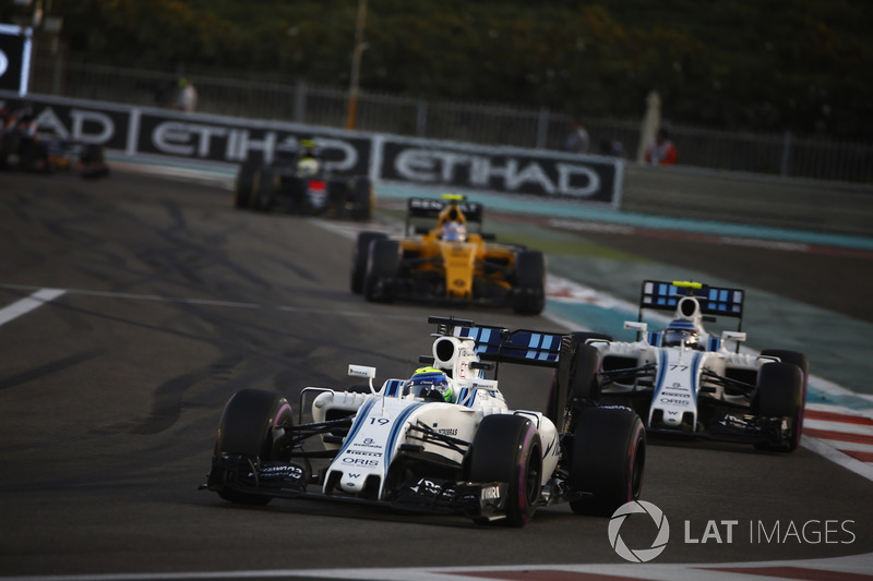 Felipe Massa, Williams FW38, Valtteri Bottas, Williams FW38 y Jolyon Palmer, Renault RE16