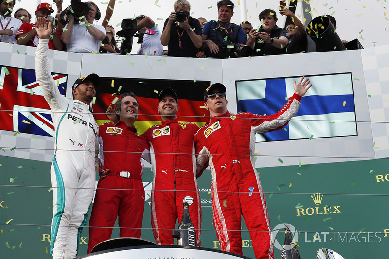 Lewis Hamilton, Mercedes-AMG F1, Sebastian Vettel, Ferrari and Kimi Raikkonen, Ferrari celebrate on 