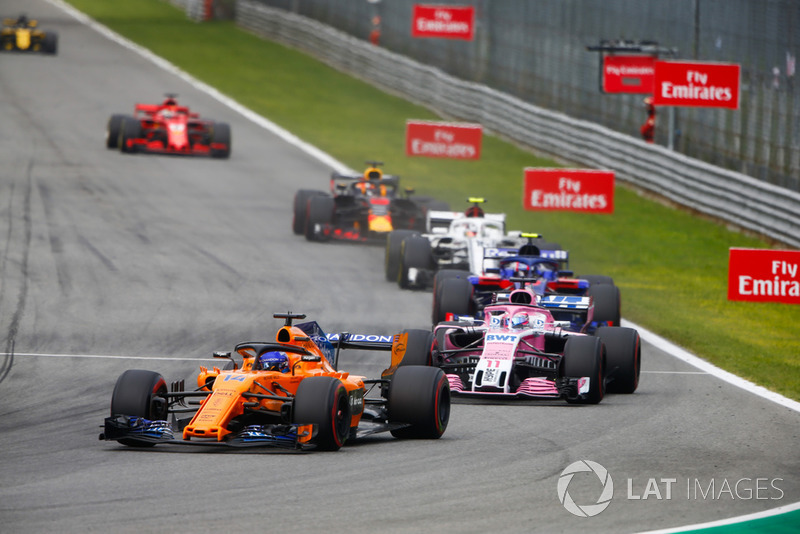 Fernando Alonso, McLaren MCL33, Sergio Perez, Racing Point Force India VJM11, Pierre Gasly, Toro Rosso STR13, and Charles Leclerc, Alfa Romeo Sauber C37