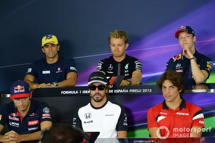 Felipe Nasr, Sauber, Nico Rosberg, Mercedes AMG F1, Daniil Kvyat, Red Bull Racing, Carlos Sainz jr. Scuderia Toro Rosso, Fernando Alonso, McLaren and Roberto Merhi, Manor GP in the press conference