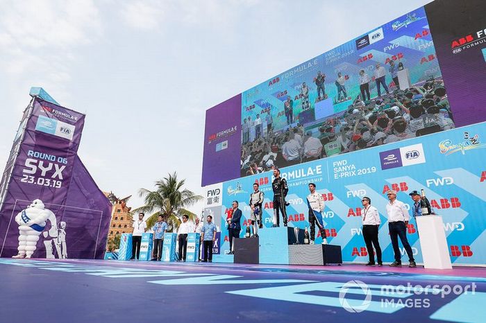 Jean-Eric Vergne, DS TECHEETAH, 1st position, Oliver Rowland, Nissan e.Dams, 2nd position, Antonio Felix da Costa, BMW I Andretti Motorsports, 3rd position, on the podium