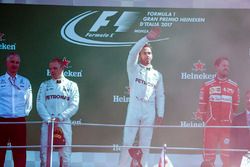 Race winner Lewis Hamilton, Mercedes AMG F1, Second place Third place Valtteri Bottas, Mercedes AMG F1 Sebastian Vettel, Ferrari, on the podium