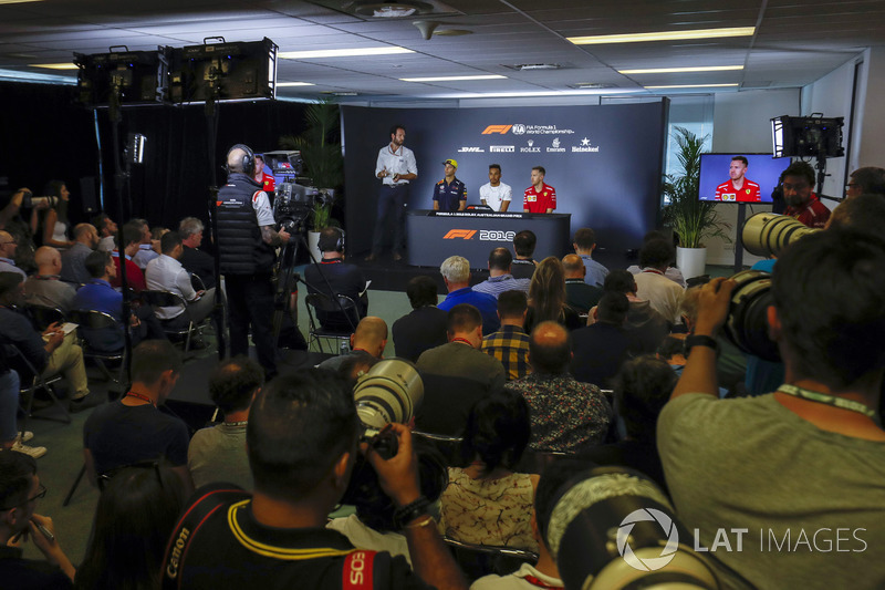 A wide view of the Thursday drivers Press Conference featuring Daniel Ricciardo, Red Bull Racing, Le