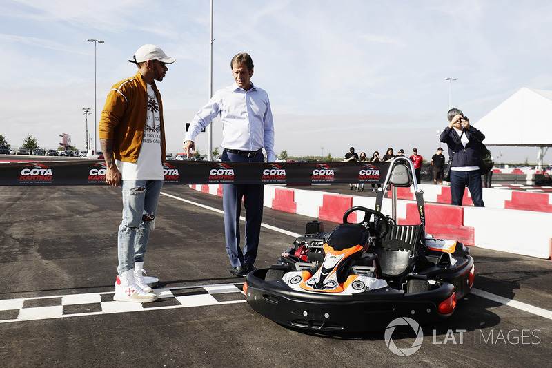 Lewis Hamilton, Mercedes AMG F1, opens the kart track