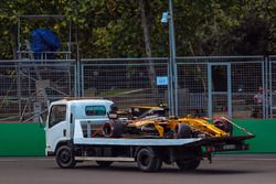 The crashed car of Jolyon Palmer, Renault Sport F1 Team RS17 is recovered in FP2