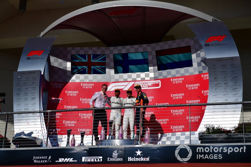 James Allison, Technical Director, Mercedes AMG, Lewis Hamilton, Mercedes AMG F1, 2nd position, Valtteri Bottas, Mercedes AMG F1, 1st position, and Max Verstappen, Red Bull Racing, 3rd position, on the podium