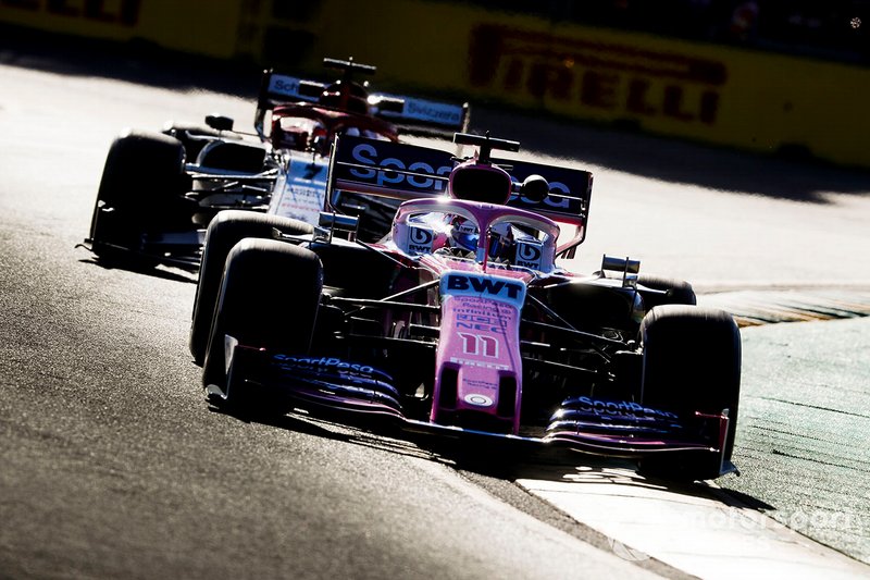 Sergio Perez, Racing Point RP19, leads Kimi Raikkonen, Alfa Romeo Racing C38