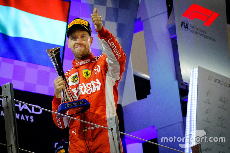 Sebastian Vettel, Ferrari SF71H, 2nd position, with his trophy