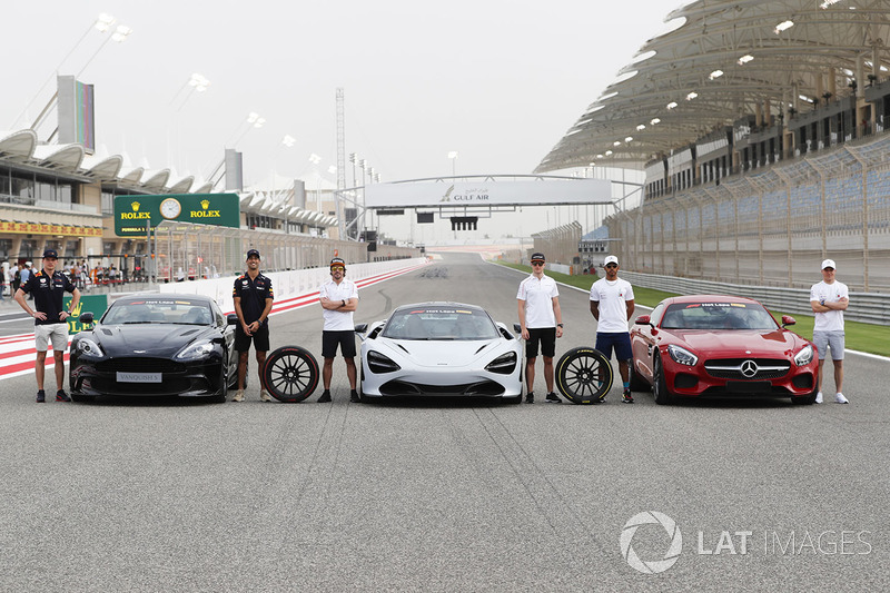 Max Verstappen, Red Bull Racing, Daniel Ricciardo, Red Bull Racing, with the Aston Martin Vanquish S. Fernando Alonso, McLaren, and Stoffel Vandoorne, McLaren, with the McLaren 720s. Lewis Hamilton, Mercedes AMG F1, and Valtteri Bottas, Mercedes AMG F1, with the Mercedes AMG GTR, on grid for the Pirelli Hot Laps