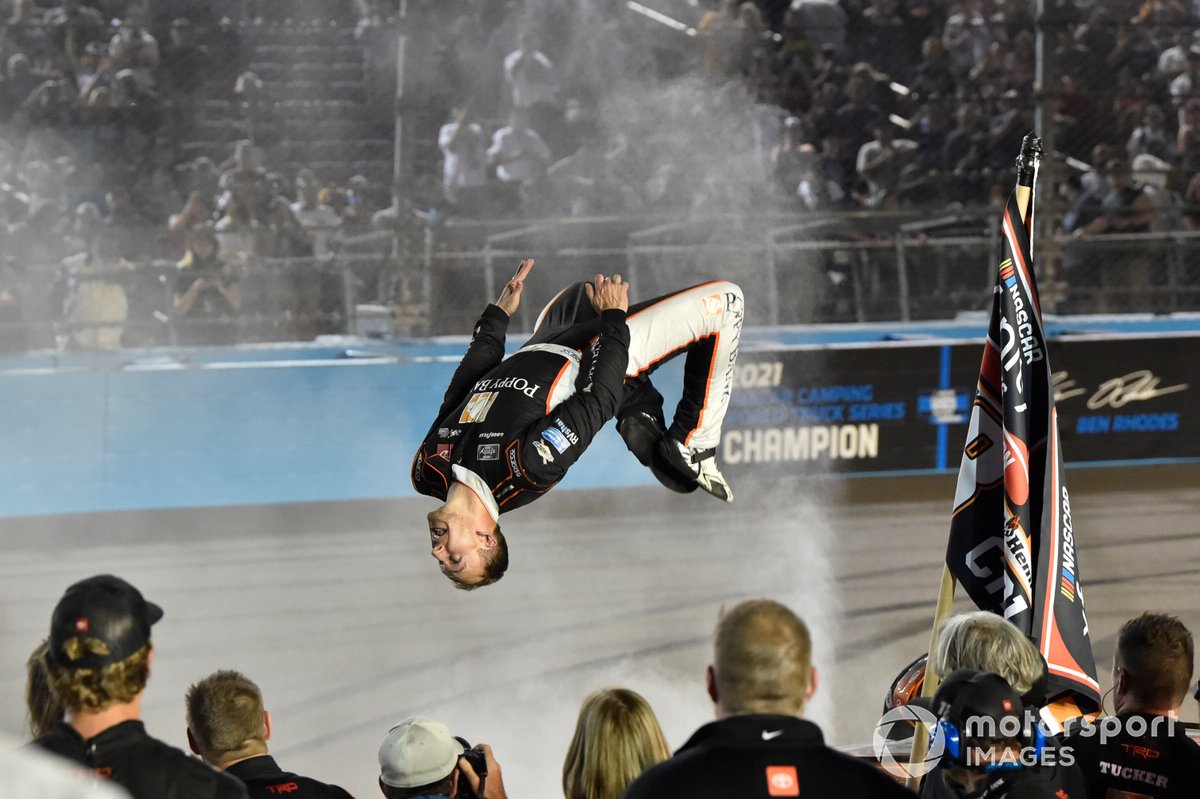 Daniel Hemric, Joe Gibbs Racing, Toyota Supra Poppy Bank, winner, back flip