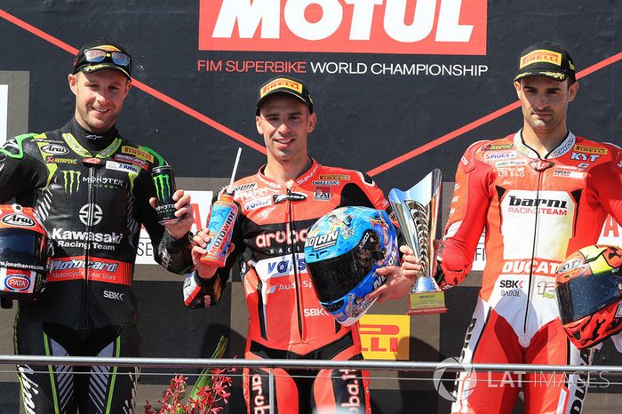 Podium: race winner Marco Melandri, Aruba.it Racing-Ducati SBK Team, second place Jonathan Rea, Kawasaki Racing, third place Xavi Fores, Barni Racing Team