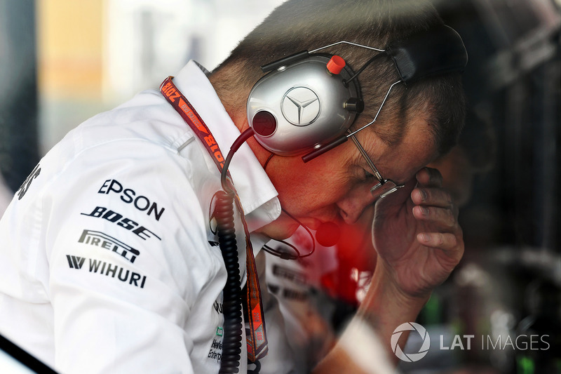 Simon Cole, Mercedes AMG F1 Chief Track Engineer on the pit wall gantry