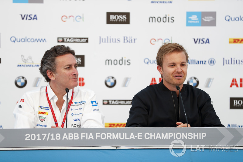 Alejandro Agag, CEO, Formula E, with Nico Rosberg, Formula E investor, Hugo Boss Ambassador, in the press conference
