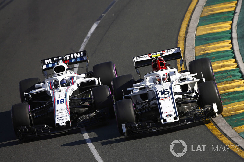 Charles Leclerc, Sauber C37 Ferrari, en lutte avec Lance Stroll, Williams FW41 Mercedes