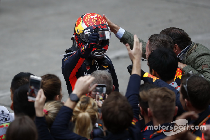 Max Verstappen, Red Bull Racing, celebrates in parc ferme