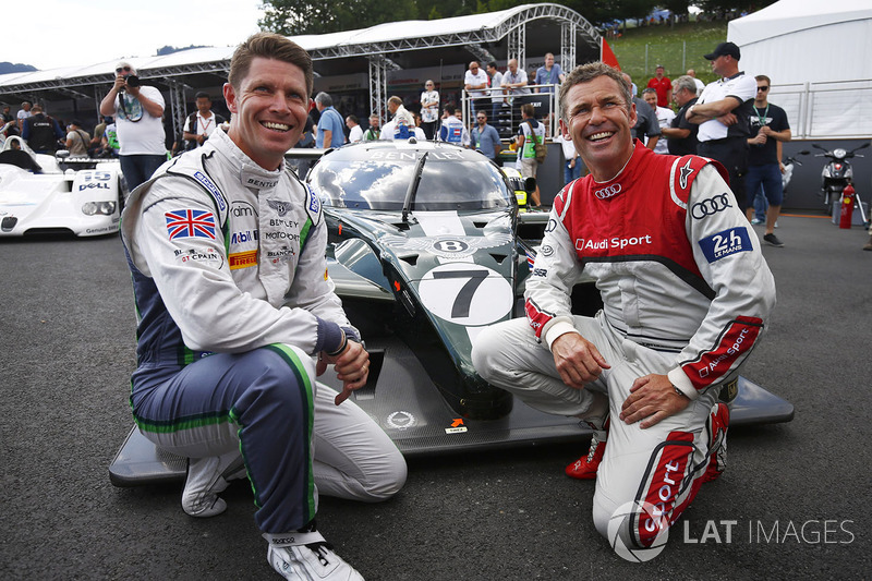 Guy Smith and Tom Kristensen pose, the Bentley that they shared to victory at Le Mans in 2003