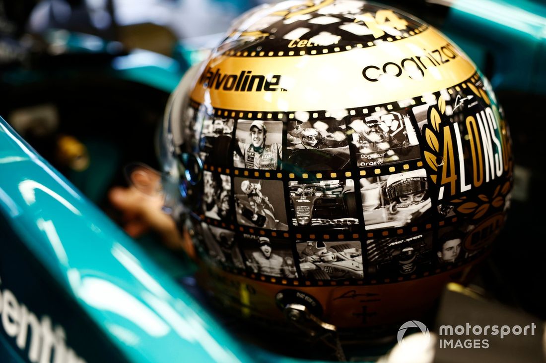 Detalle del casco de Fernando Alonso, Aston Martin F1 Team 