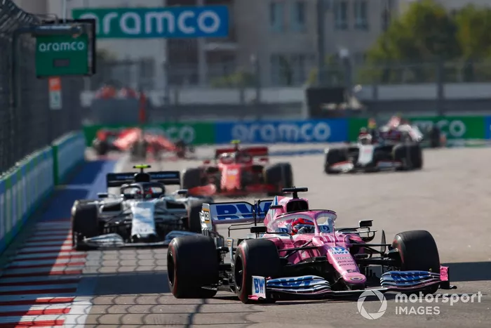 Sergio Pérez, Racing Point RP20, Pierre Gasly, AlphaTauri AT01, and Charles Leclerc, Ferrari SF1000