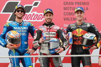 Podium : le vainqueur Andrea Dovizioso, Ducati Team, le deuxième, Alex Rins, Team Suzuki MotoGP, le troisième, Pol Espargaro, Red Bull KTM Factory Racing