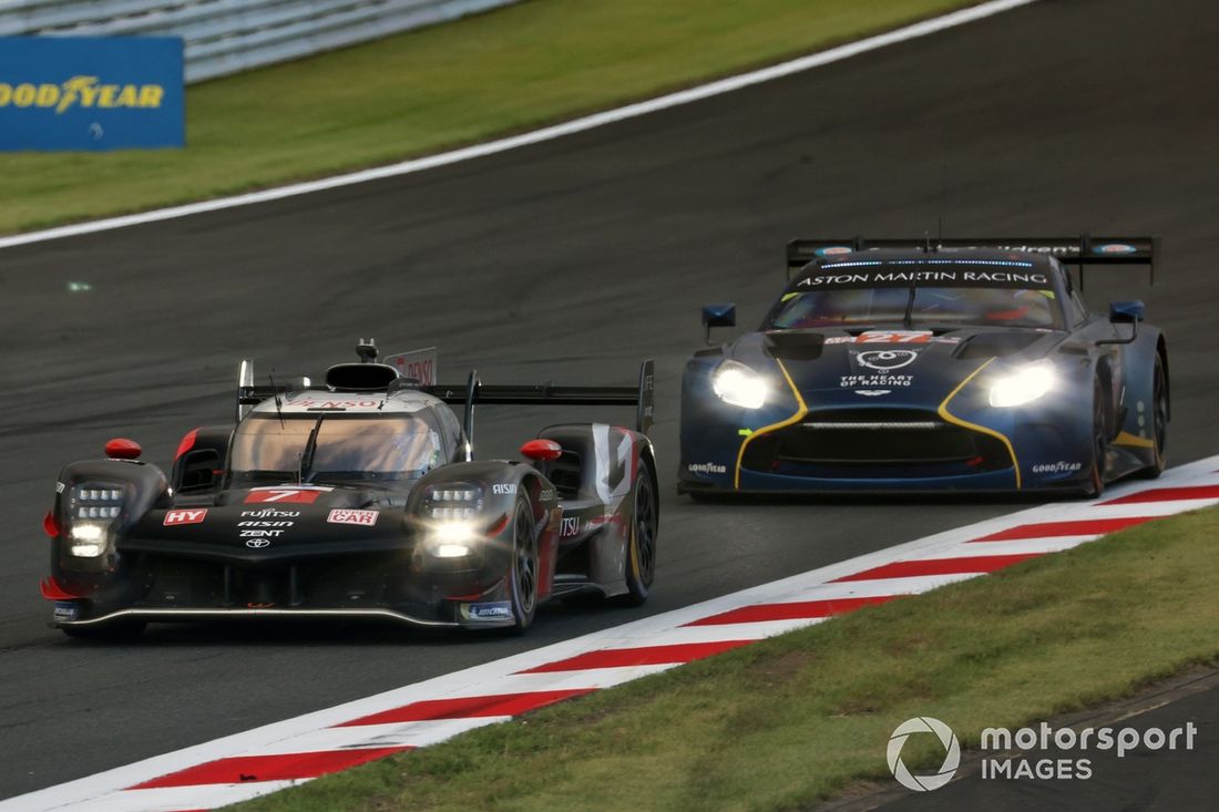 #7 Toyota Gazoo Racing Toyota GR010 - Hybrid: Mike Conway, Kamui Kobayashi, Nyck de Vries, #27 Heart of Racing Team Aston Martin Vantage AMR LMGT3: Ian James, Daniel Mancinelli, Alex Riberas