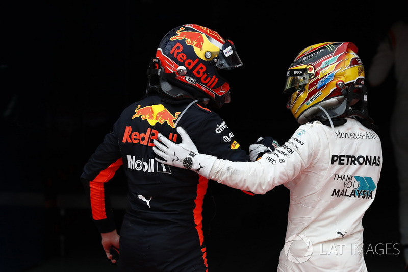 Second place Lewis Hamilton, Mercedes AMG F1, congratulates Max Verstappen, Red Bull Racing, race wi