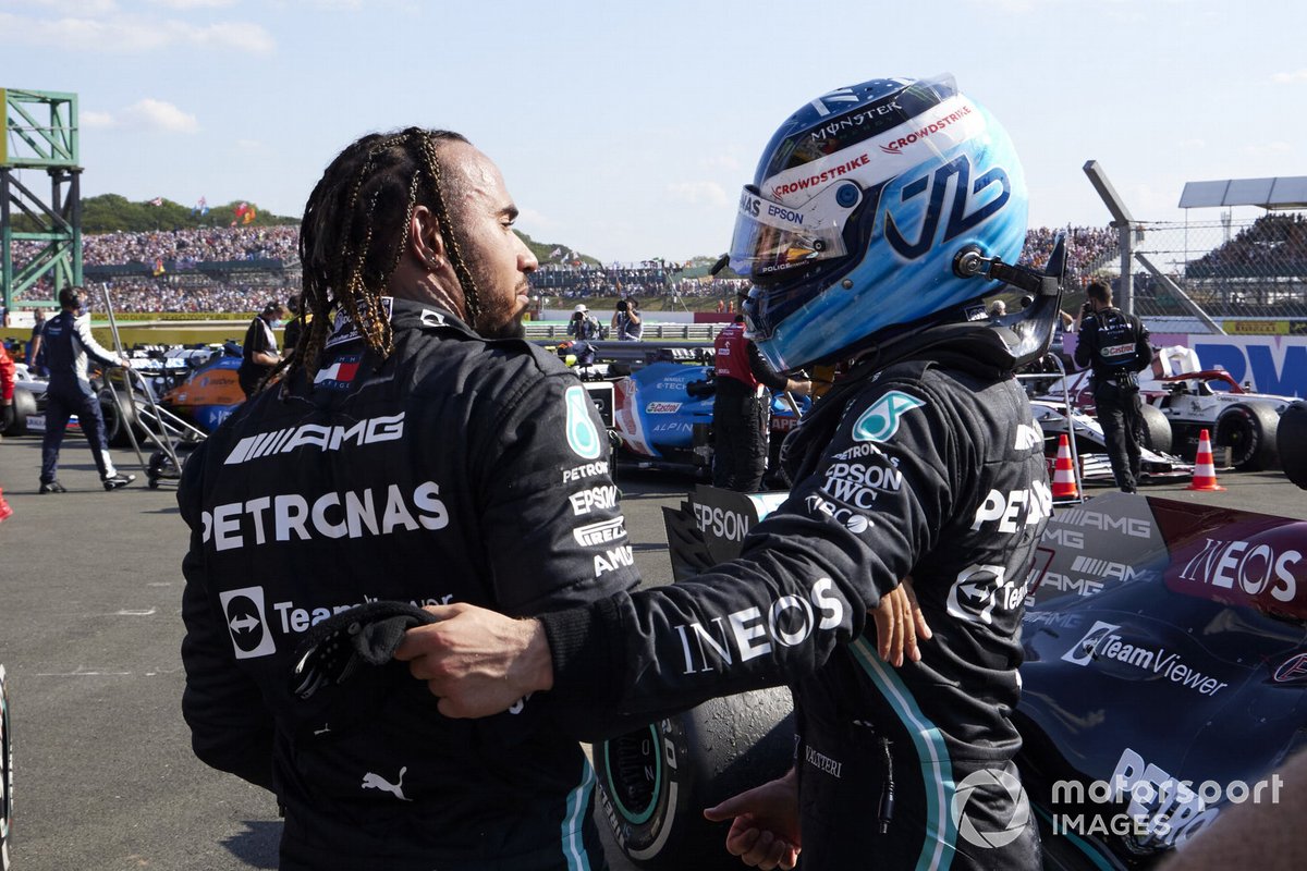 Valtteri Bottas, Mercedes, 3rd position, congratulates Lewis Hamilton, Mercedes, 1st position, in Parc Ferme