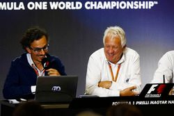 Laurent Mekies, F1 Deputy Race Director, FIA, Charlie Whiting, FIA Race Director and Matteo Bonciani, Head of FIA Communications and Media Delegate, host a press conference about the introduction of the halo