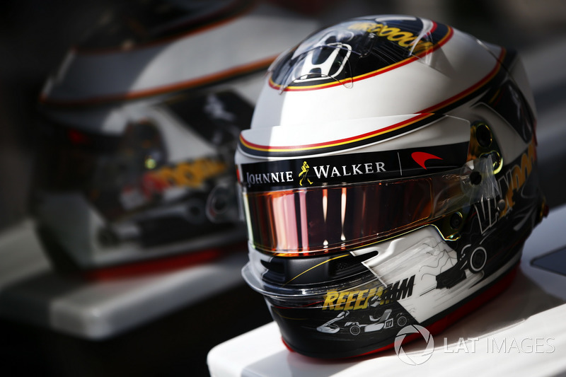 Helmet detail of Stoffel Vandoorne, McLaren, showing a new design for his home grand prix