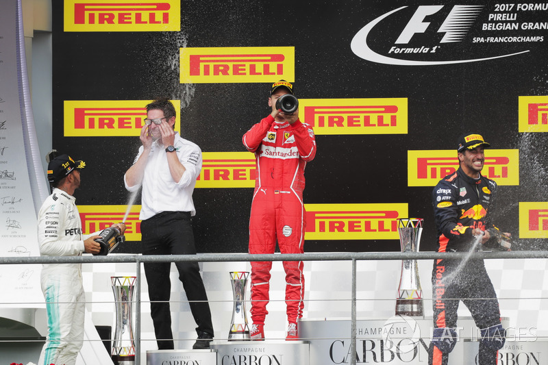 Podium: second place Sebastian Vettel, Ferrari, Race winner Lewis Hamilton, Mercedes AMG F1, third place Daniel Ricciardo, Red Bull Racing