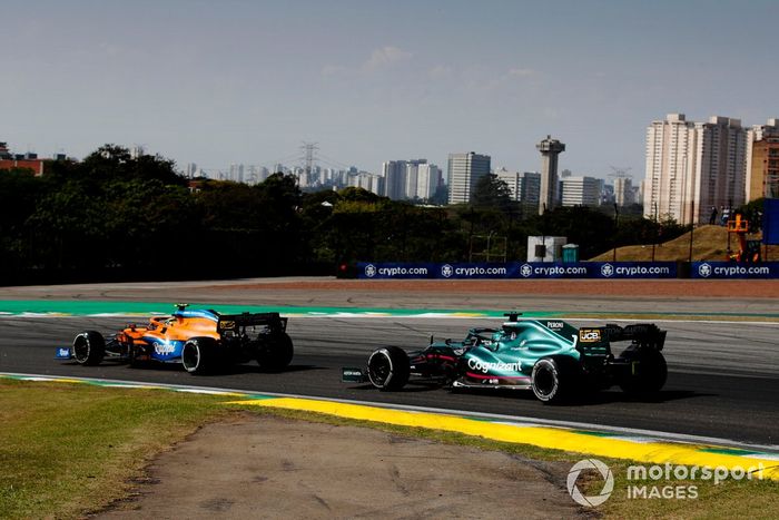 Lando Norris, McLaren MCL35M, Lance Stroll, Aston Martin AMR21