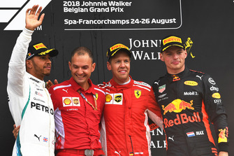 Race winner Sebastian Vettel, Ferrari, second place Lewis Hamilton, Mercedes AMG F1, third place Max Verstappen, Red Bull Racing