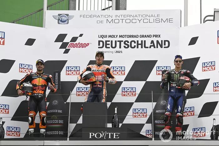 Podio: ganador de la carrera Marc Márquez, Equipo Repsol Honda, segundo lugar Miguel Oliveira, Red Bull KTM Factory Racing, tercer lugar Fabio Quartararo, Yamaha Factory Racing