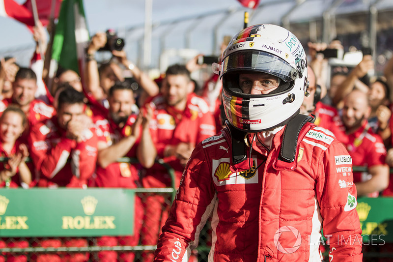 Sebastian Vettel, Ferrari, 1st position, celebrates on arrival in Parc Ferme