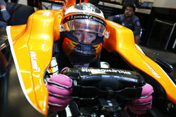 Stoffel Vandoorne, McLaren MCL32, est assis dans sa voiture dans le garage