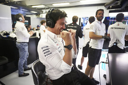 Toto Wolff, Executive Director, Mercedes AMG, celebrates as his drivers take the front row