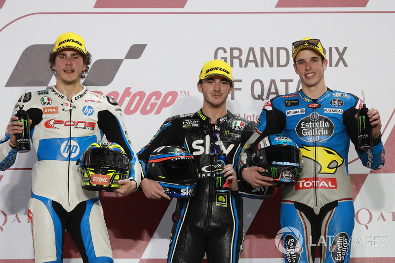 Podium: second place Lorenzo Baldassarri, Pons HP 40, Race winner Francesco Bagnaia, Sky Racing Team