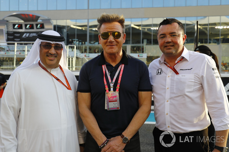 Sheikh Mohammed bin Essa Al Khalifa, Gordon Ramsay and Eric Boullier, Racing Director, McLaren