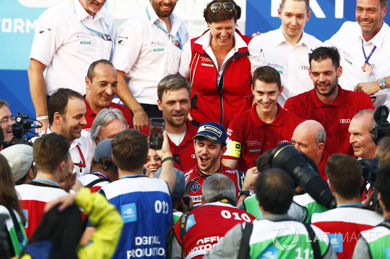 Daniel Abt, Audi Sport ABT Schaeffler, celebrtes with his team after winning the race