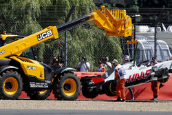 The car of Romain Grosjean, Haas VF-18 is recovered