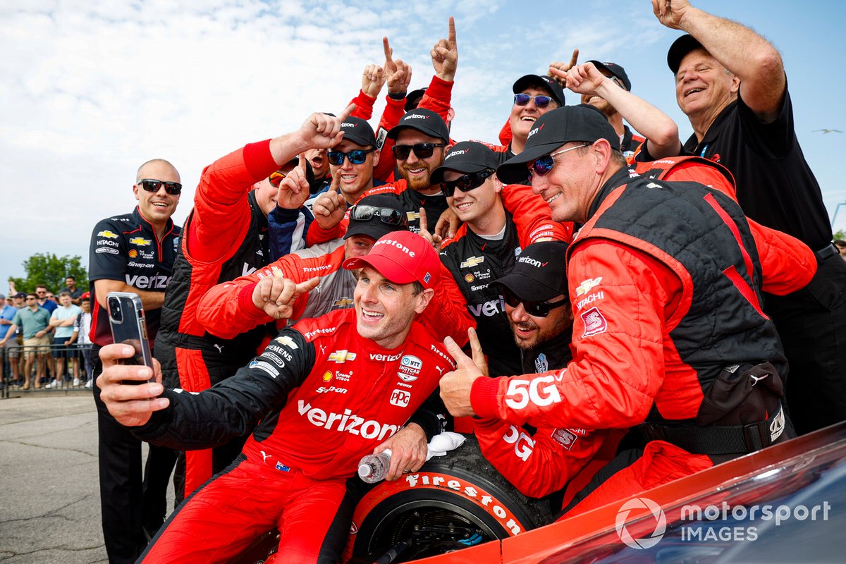 Power and crew after scoring one of the finest wins of the year in the final IndyCar race at Belle Isle.