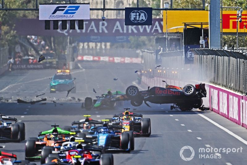 The car of Pepe Marti, Campos Racing is launched into the air following a collision with Kush Maini, Invicta Racing