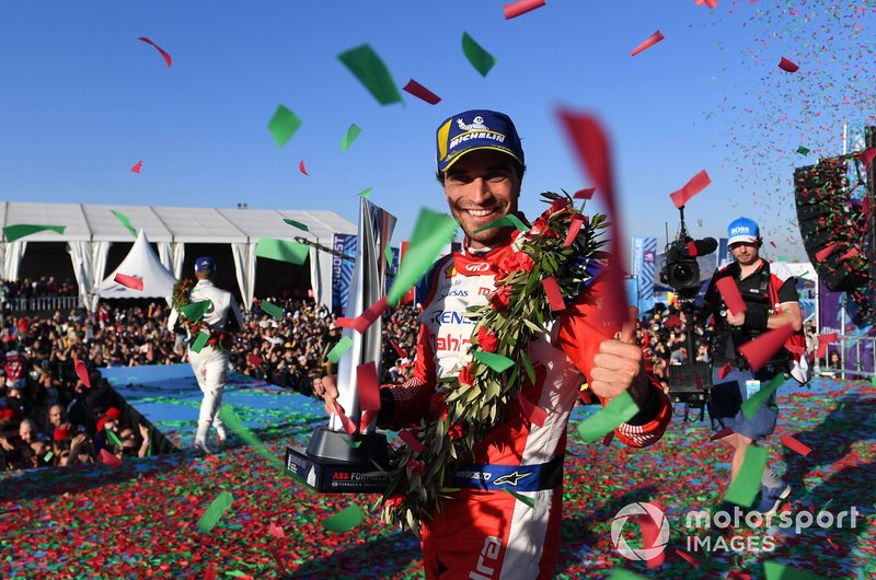 Jérôme d'Ambrosio, Mahindra Racing, 1st position, celebrates on the podium