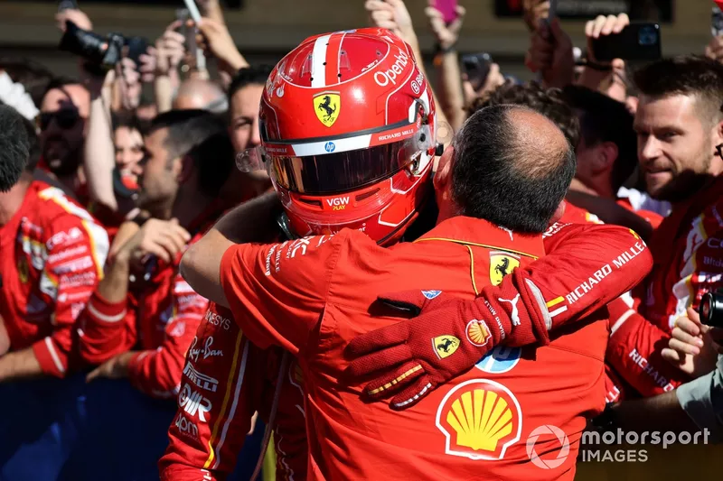 Charles Leclerc, Scuderia Ferrari, 1st position, celebrates with his teammates in Parc Ferme 
