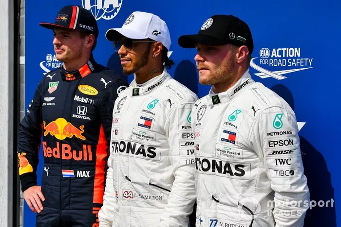 Top three Qualifiers Max Verstappen, Red Bull Racing, pole man Lewis Hamilton, Mercedes AMG F1, and Valtteri Bottas, Mercedes AMG F1